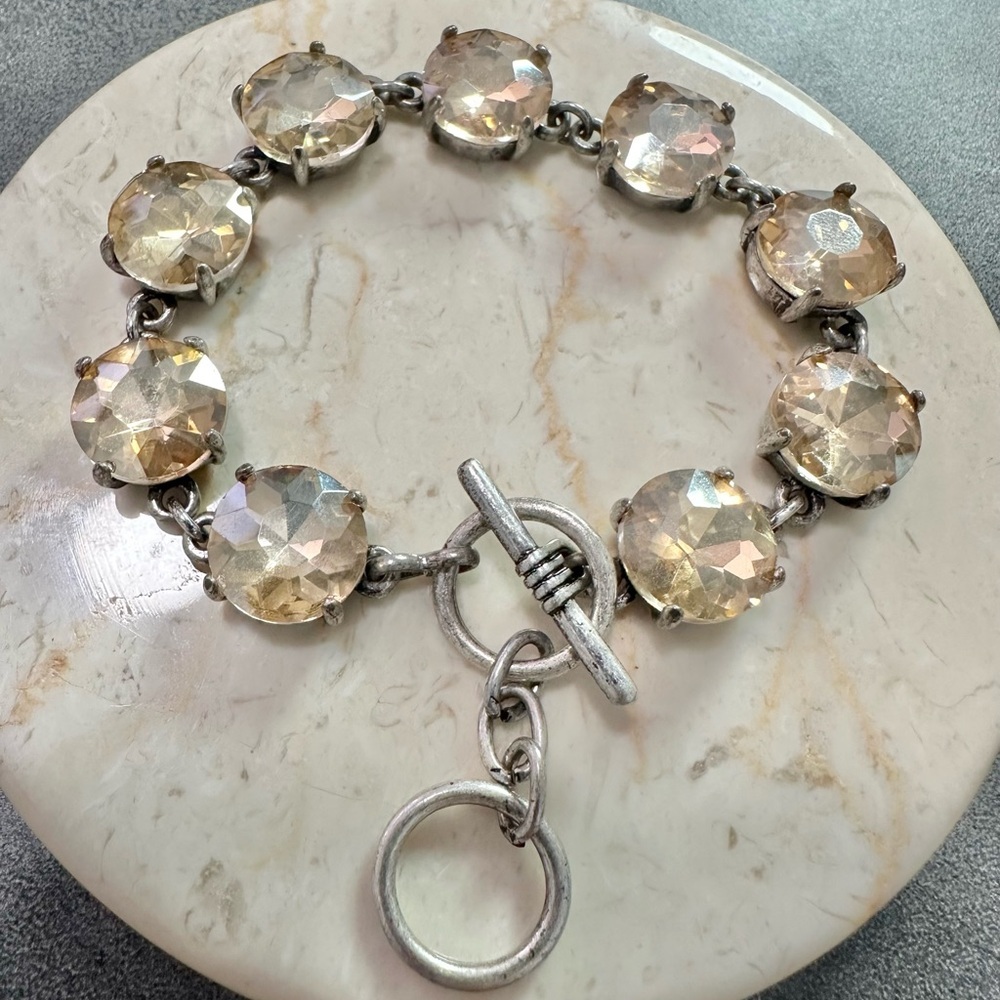Champagne Round Large Faceted Crystals Link Toggle Antique Silver Tone Bracelet - Picture 2 of 5